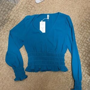 Glam Teal Smocked V-Neck Blouse